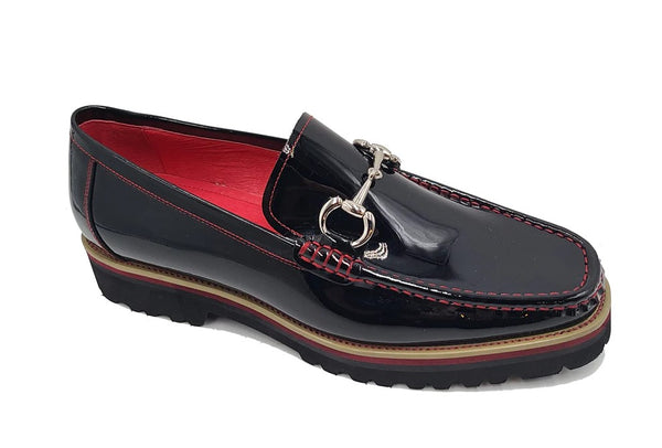 Carrucci Patent Leather Horsebit Loafer - Black/Red