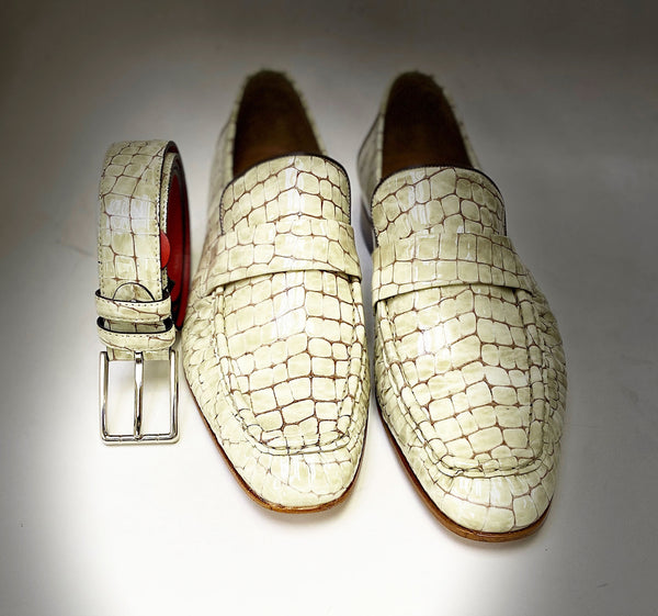 C Collection Croco Leather Belt - Beige