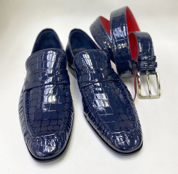 C Collection Croco Embossed Leather Belt - Navy