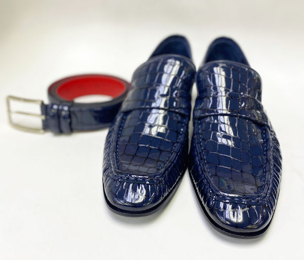 C Collection Croco Embossed Leather Belt - Navy