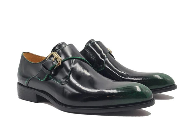 Carrucci Patent Monkstrap Shoe - Olive
