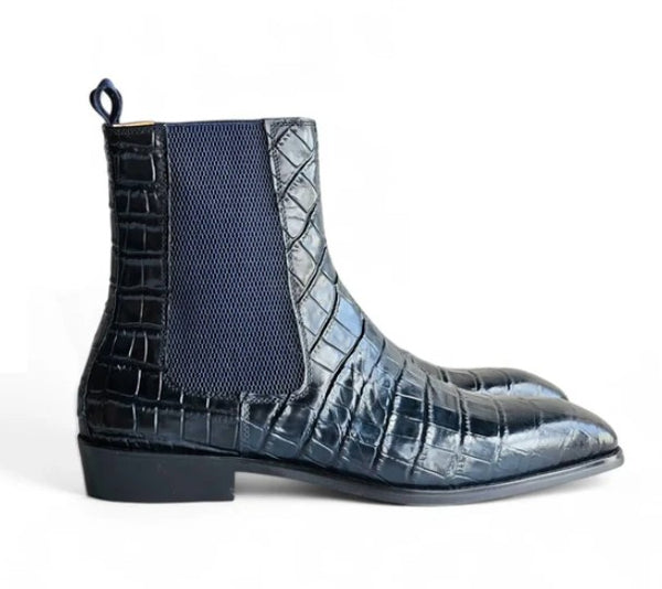 Maurice Alligator Print Leather Boot - Navy