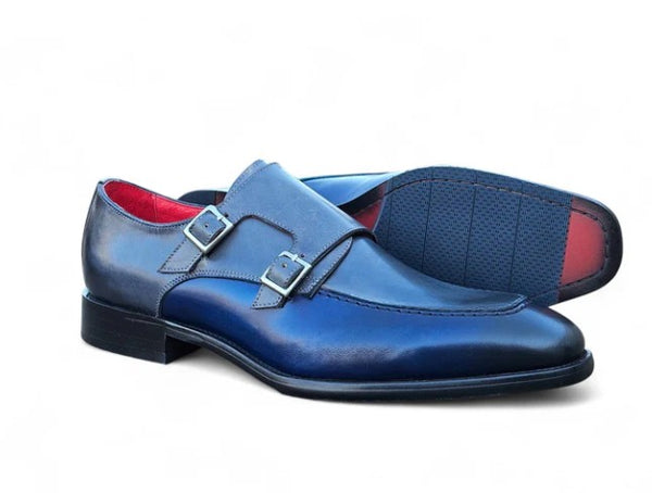 Carrucci Leather Monkstrap Shoe - Blue/Grey