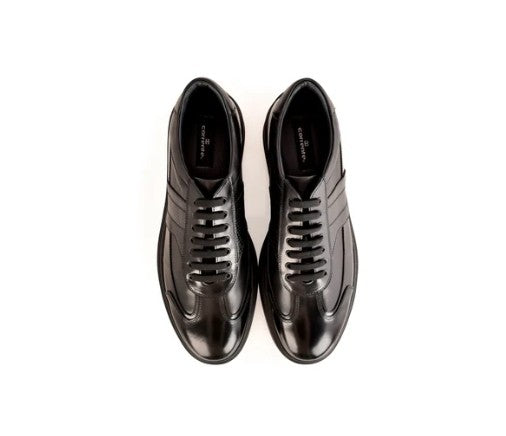 A pair of black leather lace-up dress shoes with a glossy finish, shown from a top-down view on a plain white background.