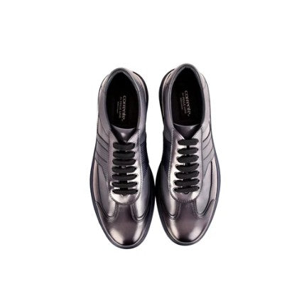 A pair of metallic dark gray lace-up dress shoes with black laces, shown from a top-down view on a plain white background.