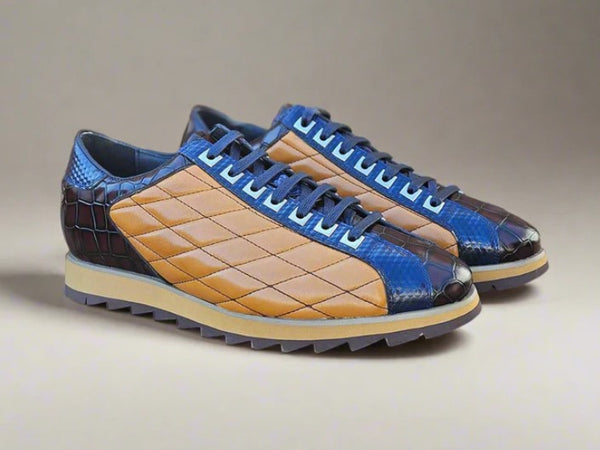 Carrucci Quilted Leather Sneaker - Cognac/Blue