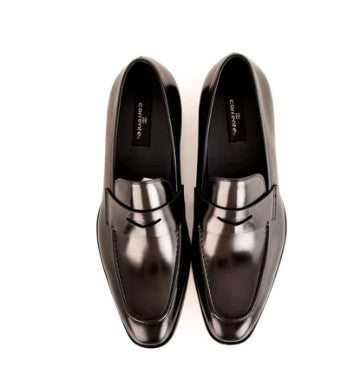 A pair of shiny black leather penny loafers, shown from a top-down view on a white background.