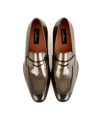 A pair of tan leather penny loafers with black laces, shown from a top-down view on a white background.