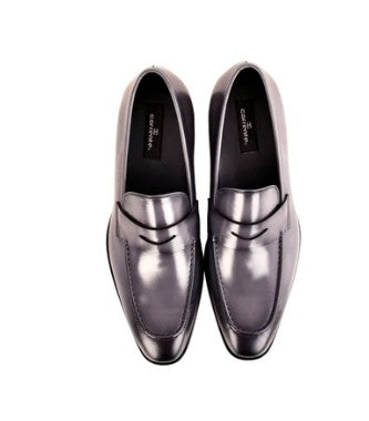 A pair of dark grey leather penny loafers with a glossy finish, shown from a top-down perspective on a white background.