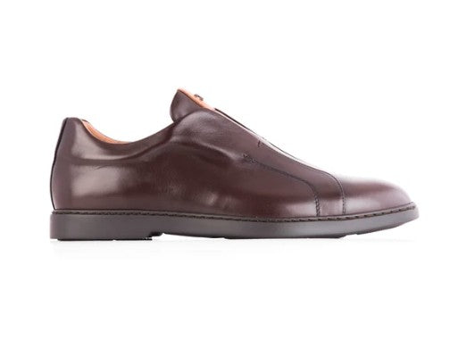 A dark brown leather slip-on loafer shoe shown in a side profile view against a plain white background.