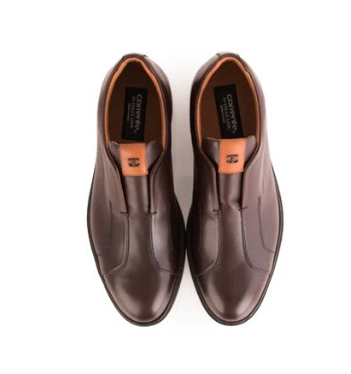 A pair of dark brown leather slip-on loafers with a tan leather pull tab and black insole branding, shown from a top-down view on a white background.