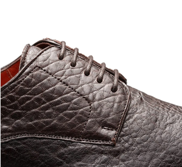 Close-up of a dark brown pebbled leather lace-up shoe on a white background.