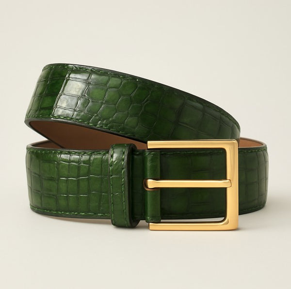 C Collection Croco Print Leather Belt - Green