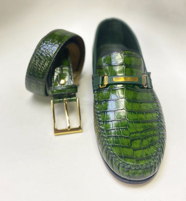 C Collection Croco Print Leather Belt - Green