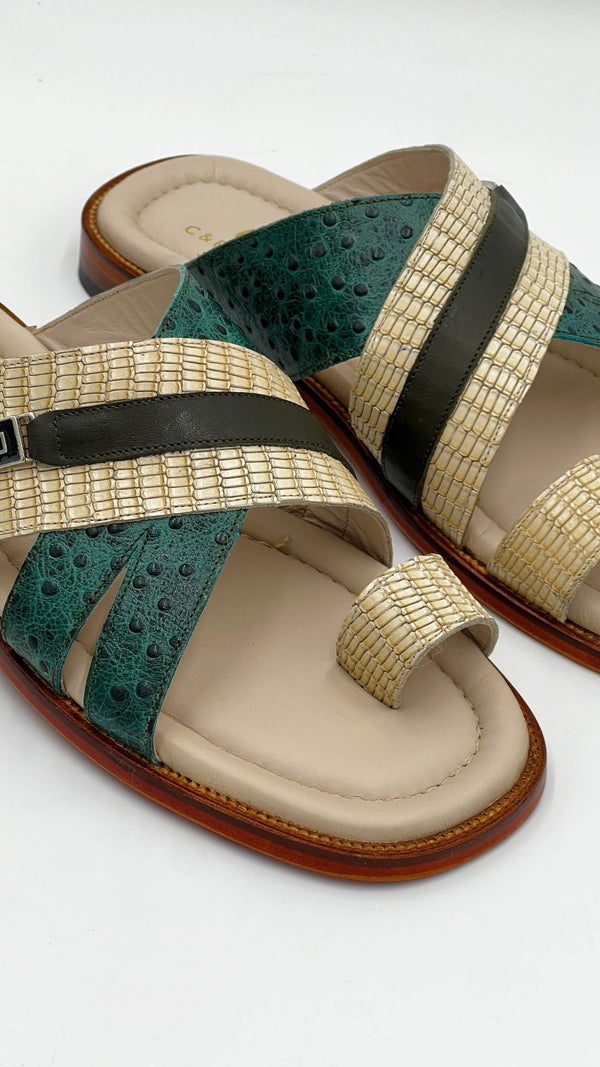 C Collection Leather Sandal - Green/Beige