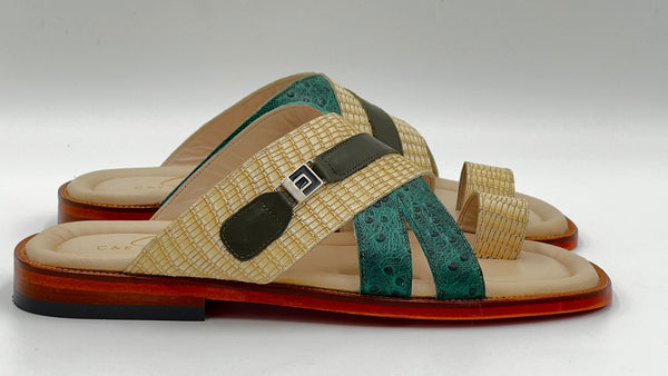 C Collection Leather Sandal - Green/Beige