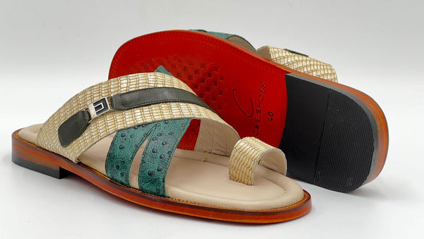 C Collection Leather Sandal - Green/Beige