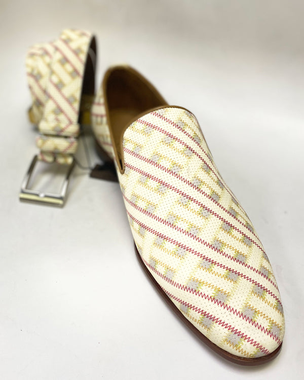 C Collection Straw Print Leather Belt - Beige