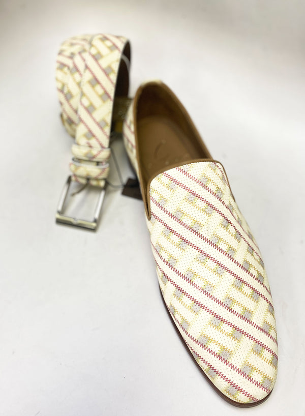 C Collection Straw Print Leather Belt - Beige