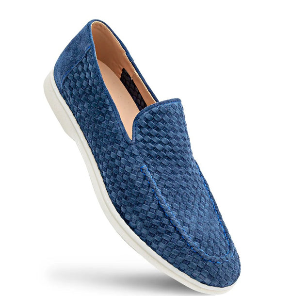 A single men's slip-on loafer in textured blue woven material with a white sole, shown at an angle on a white background.