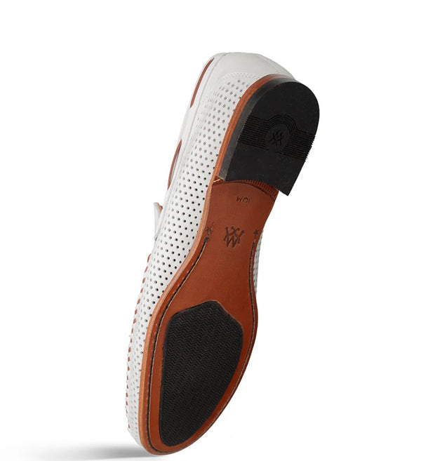 A white leather loafer shown from its side profile, displaying a brown leather insole with a small embossed logo, and a black rubber outsole.