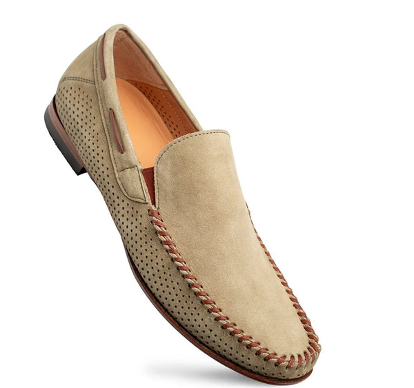 A single men's slip-on loafer in light beige suede and perforated leather, featuring decorative braided stitching around the vamp and a brown sole, shown on a white background.
