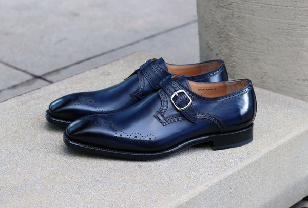 Ugo Vasare "Eric" Burnished Calfskin Monkstrap Shoe Blue