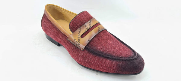 Carrucci Canvas Calfskin Loafer - Burgundy/Camel
