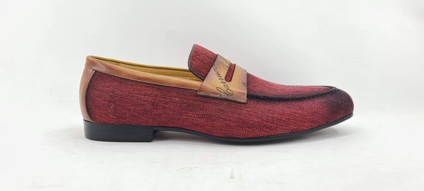 Carrucci Canvas Calfskin Loafer - Burgundy/Camel