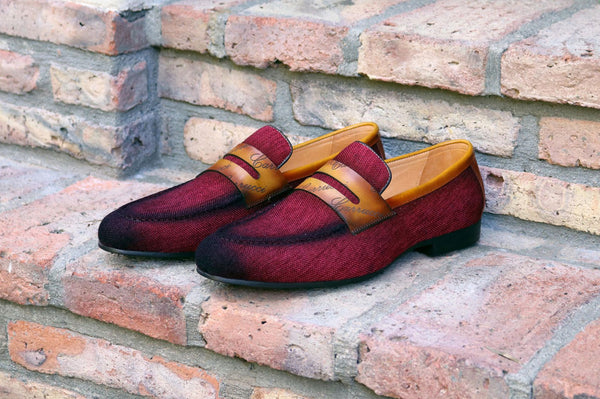 Carrucci Canvas Calfskin Loafer - Burgundy/Camel