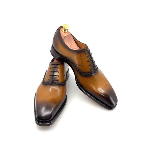 Ugo Vasare "Daniel" Burnished Calfskin Lace-Up Oxford Caramel