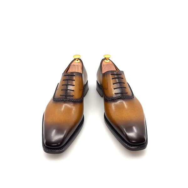 Ugo Vasare "Daniel" Burnished Calfskin Lace-Up Oxford Caramel