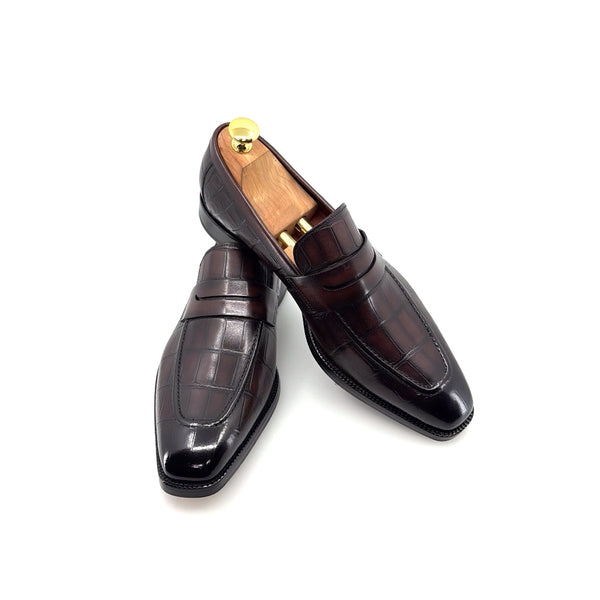 Maurice Croco Printed Leather Penny Loafer - Brown