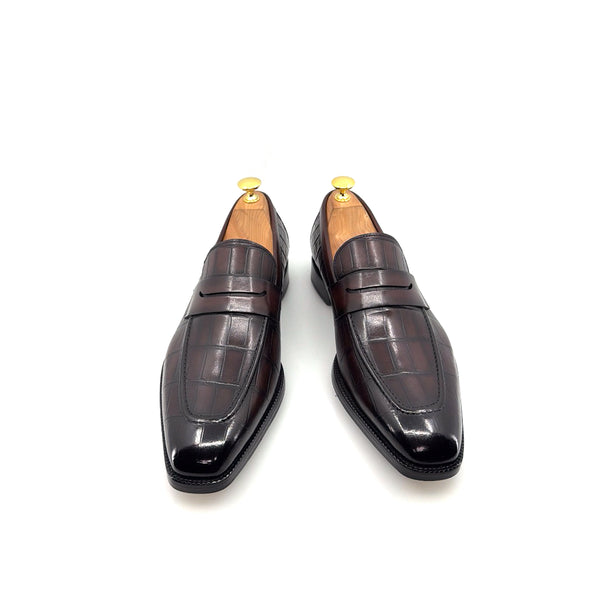Maurice Croco Printed Leather Penny Loafer - Brown