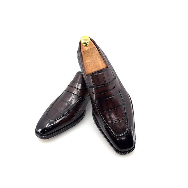 Maurice Croco Printed Leather Penny Loafer - Brown
