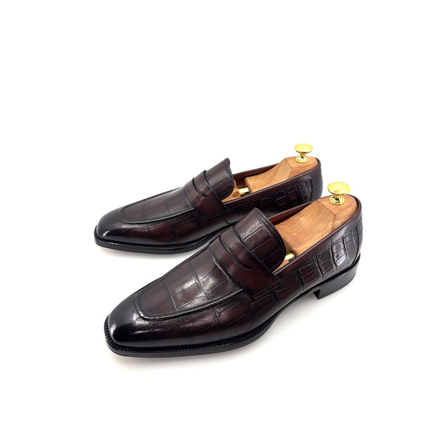 Maurice Croco Printed Leather Penny Loafer - Brown