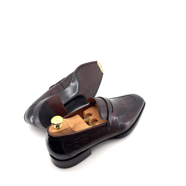 Maurice Croco Printed Leather Penny Loafer - Brown