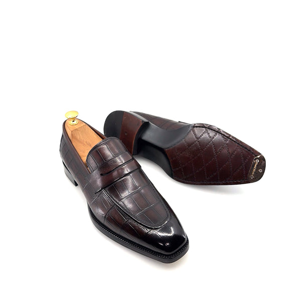 Maurice Croco Printed Leather Penny Loafer - Brown