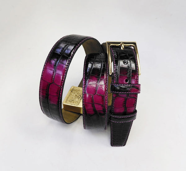 C Collection Croco Print Leather Belt - Fuchsia/Black