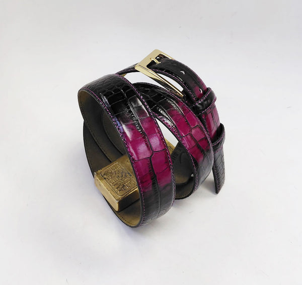 C Collection Croco Print Leather Belt - Fuchsia/Black