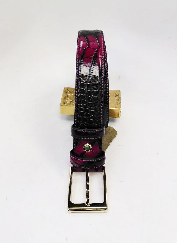 C Collection Croco Print Leather Belt - Fuchsia/Black