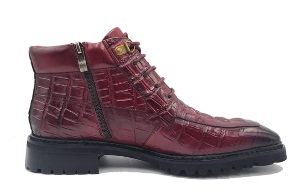 Carrucci Crocodile Calfskin Boot - Burgundy