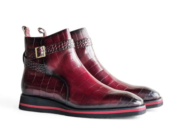 Carrucci Crocodile Leather Boot - Burgundy
