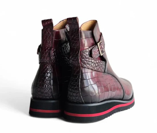 Carrucci Crocodile Leather Boot - Burgundy