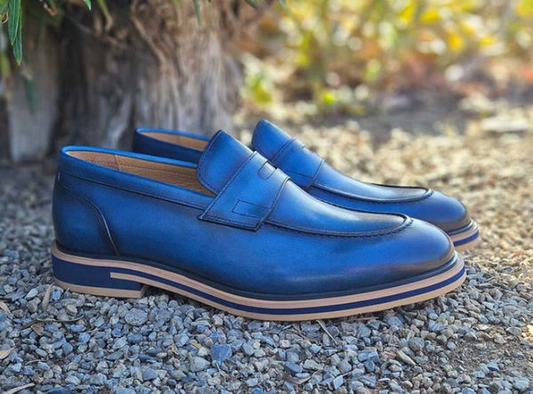Carrucci Calfskin Penny Loafer - Blue