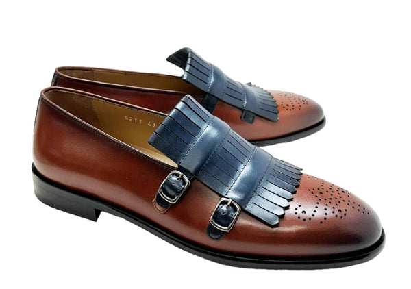 Corrente Leather Buckle Loafer - Navy/Brown