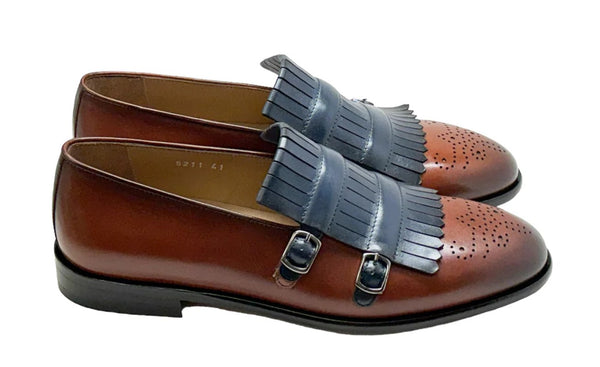 Corrente Leather Buckle Loafer - Navy/Brown