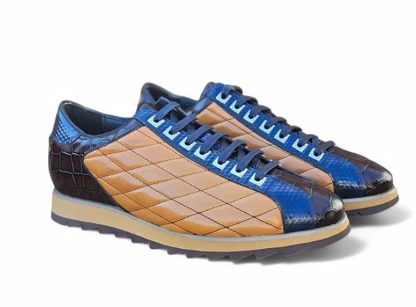 Carrucci Quilted Leather Sneaker - Cognac/Blue
