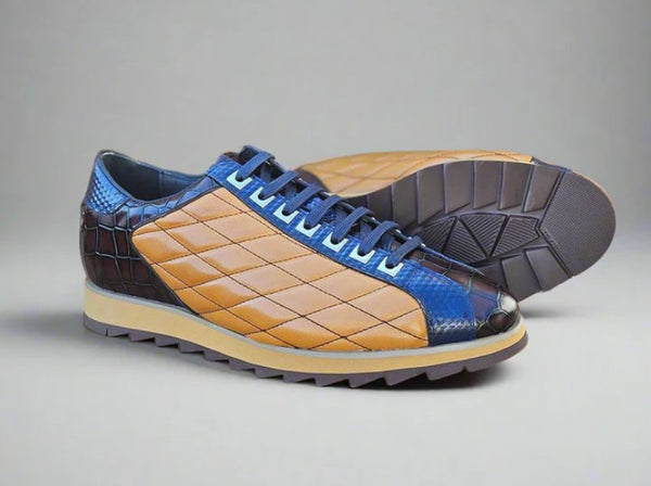Carrucci Quilted Leather Sneaker - Cognac/Blue