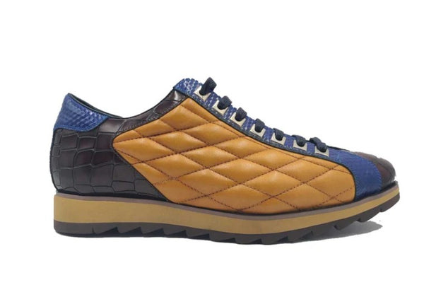 Carrucci Quilted Leather Sneaker - Cognac/Blue